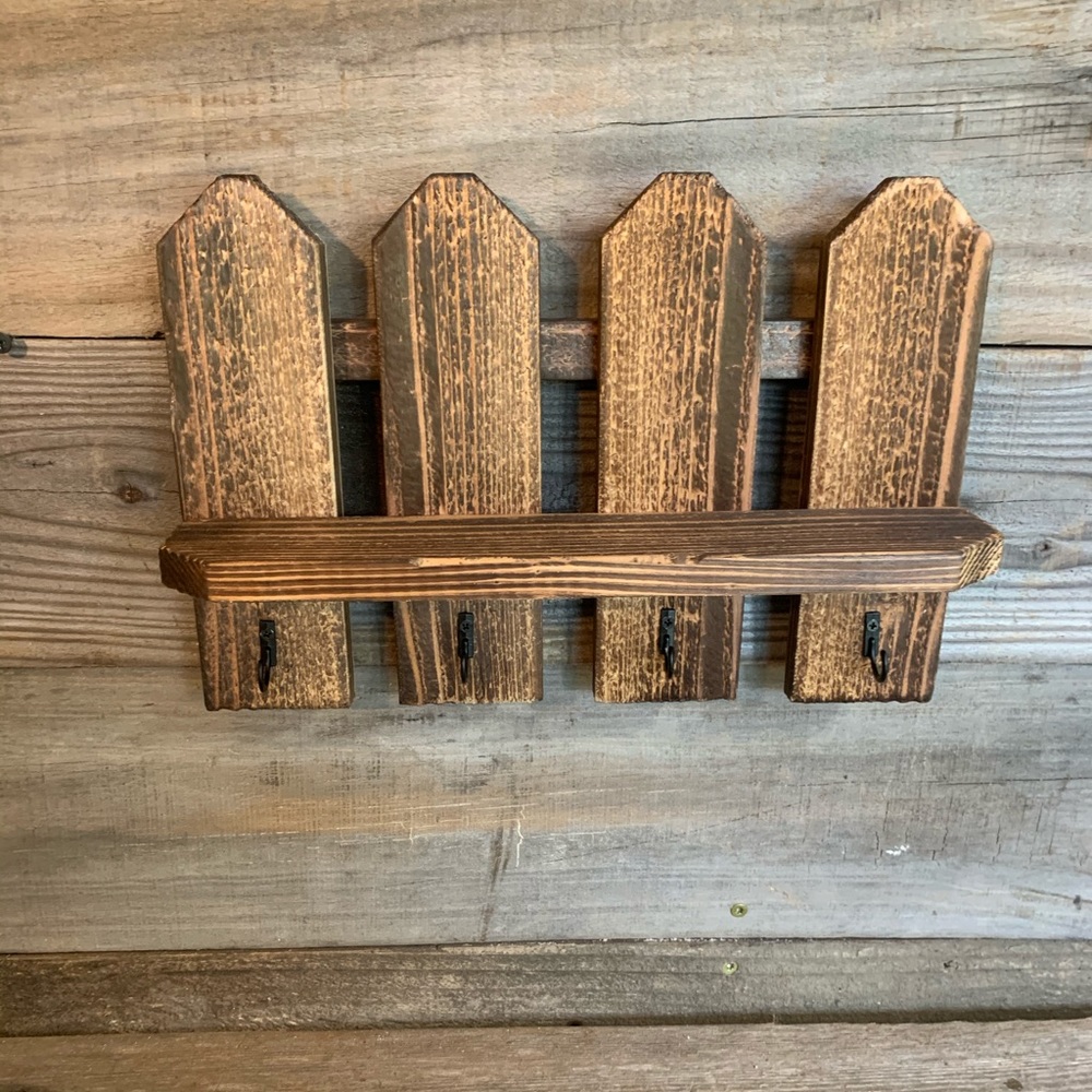 Farmhouse Rustic Picket Fence Shelf W Hooks